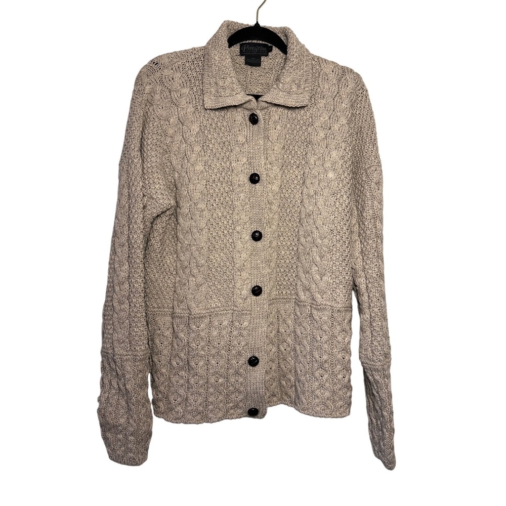 Peregrine Tan Cable Knit Button Front Collared Cardigan 100% Wool Chunky Warm L